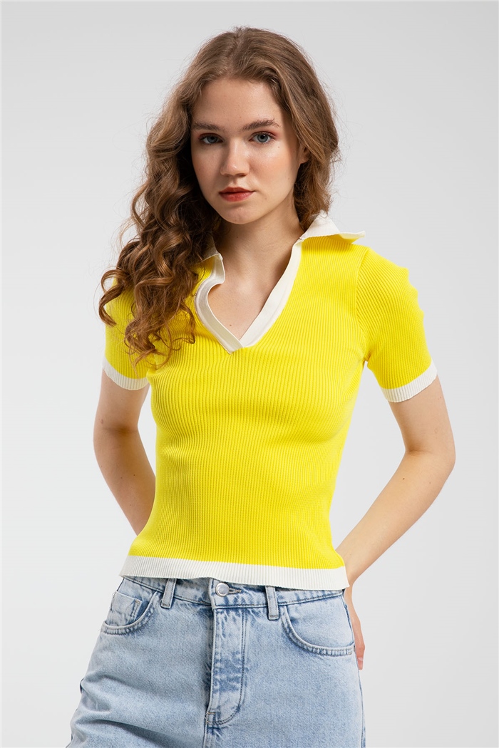 Avrile Polo Yaka Fitilli Triko Kazak  SARI  A91647-S