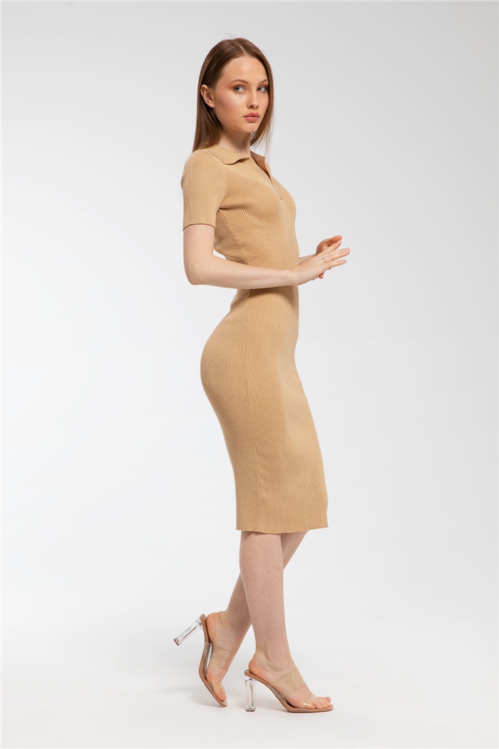 Avrile Polo Yaka Kısa Kollu Triko Elbise  CAMEL  A91688-S