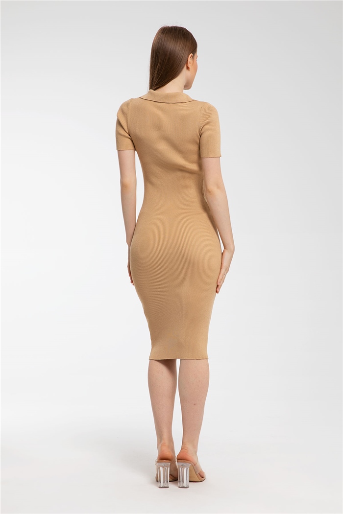 Avrile Polo Yaka Kısa Kollu Triko Elbise  CAMEL  A91688-S