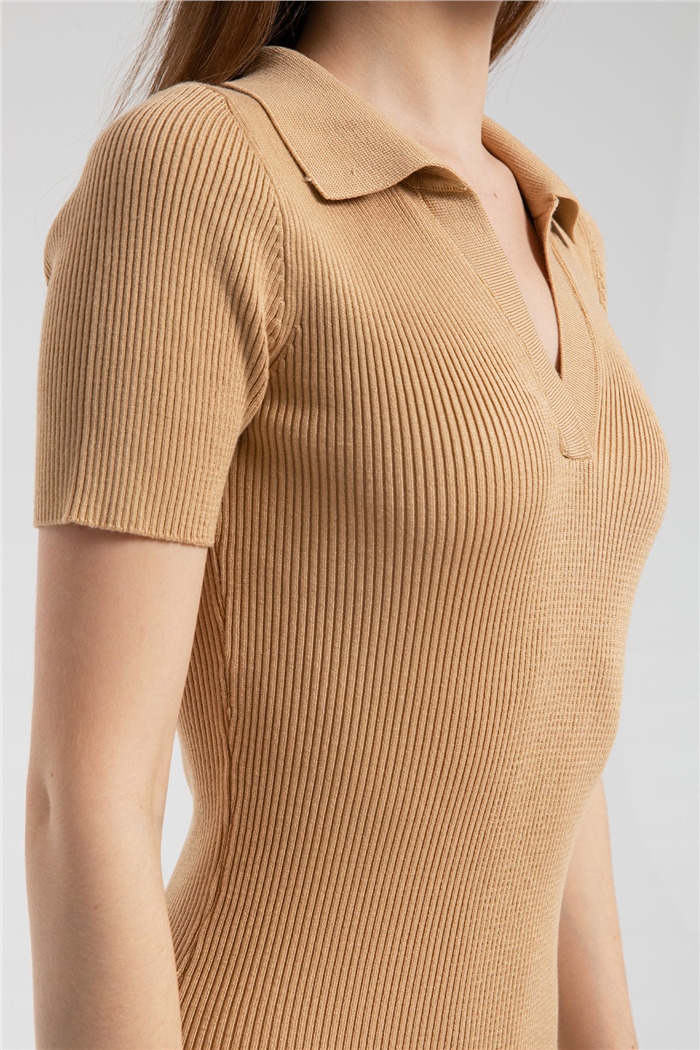 Avrile Polo Yaka Kısa Kollu Triko Elbise  CAMEL  A91688-S