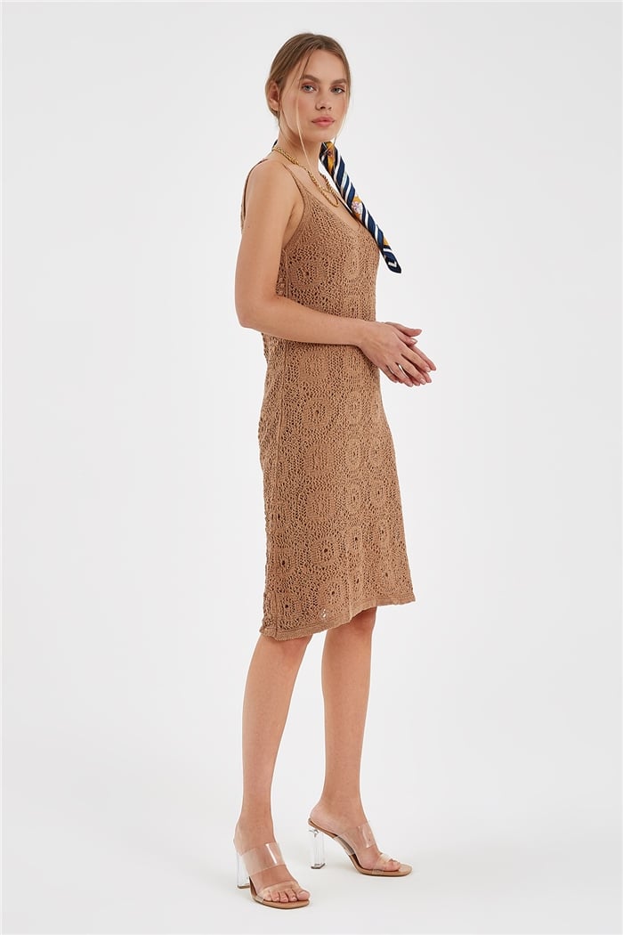 Avrile Ponponlu Motif Ajurlu Triko Elbise  CAMEL  A91129-S