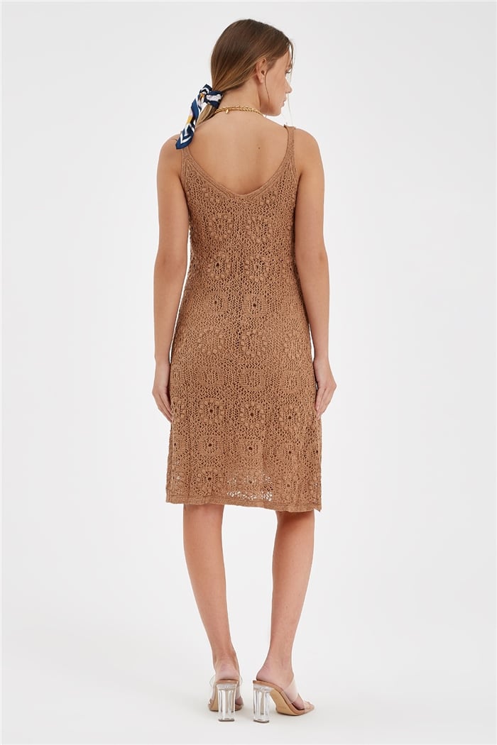 Avrile Ponponlu Motif Ajurlu Triko Elbise  CAMEL  A91129-S