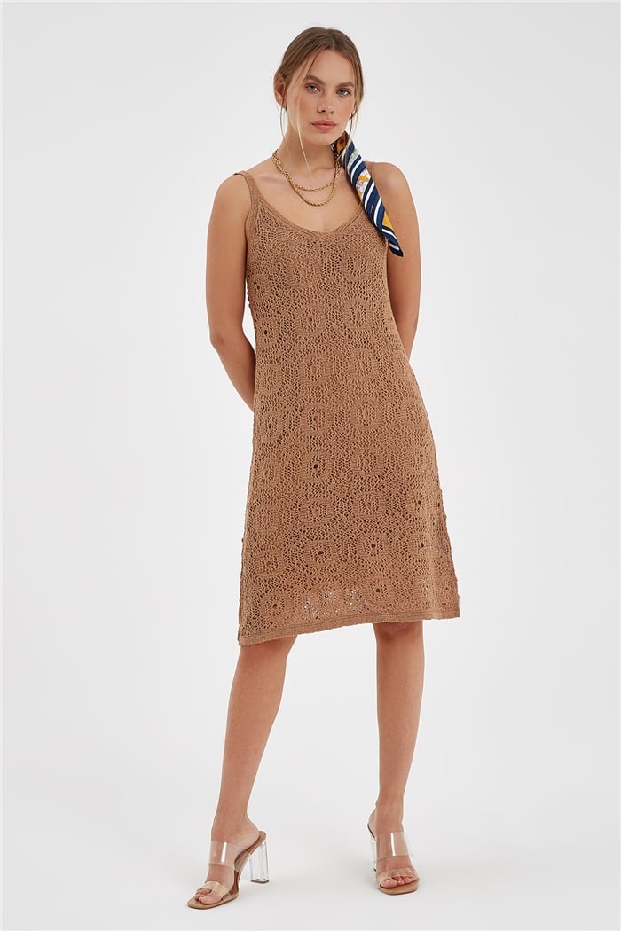Avrile Ponponlu Motif Ajurlu Triko Elbise  CAMEL  A91129-S