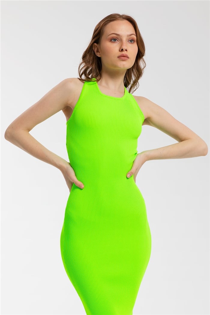 Avrile Sırt Dekolteli Triko Elbise  NEON YEŞİL  A91780-S