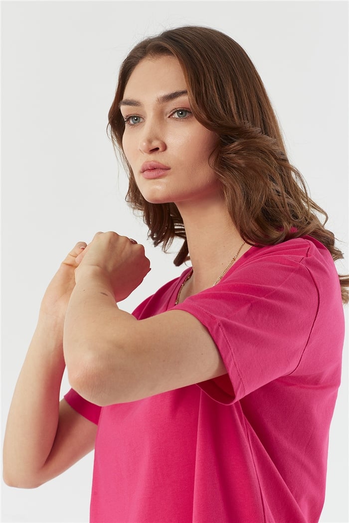 Avrile V Yaka Basic Tişört  FUŞYA  A22-10530