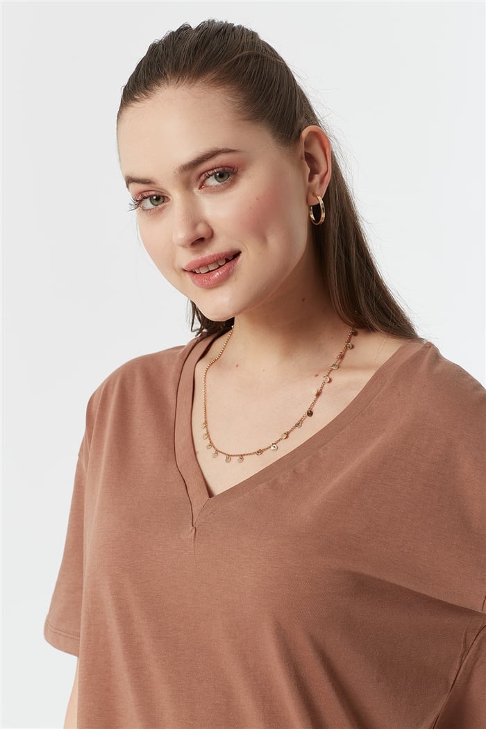 Avrile V Yaka Basic Tişört  KAHVE  A22-10530