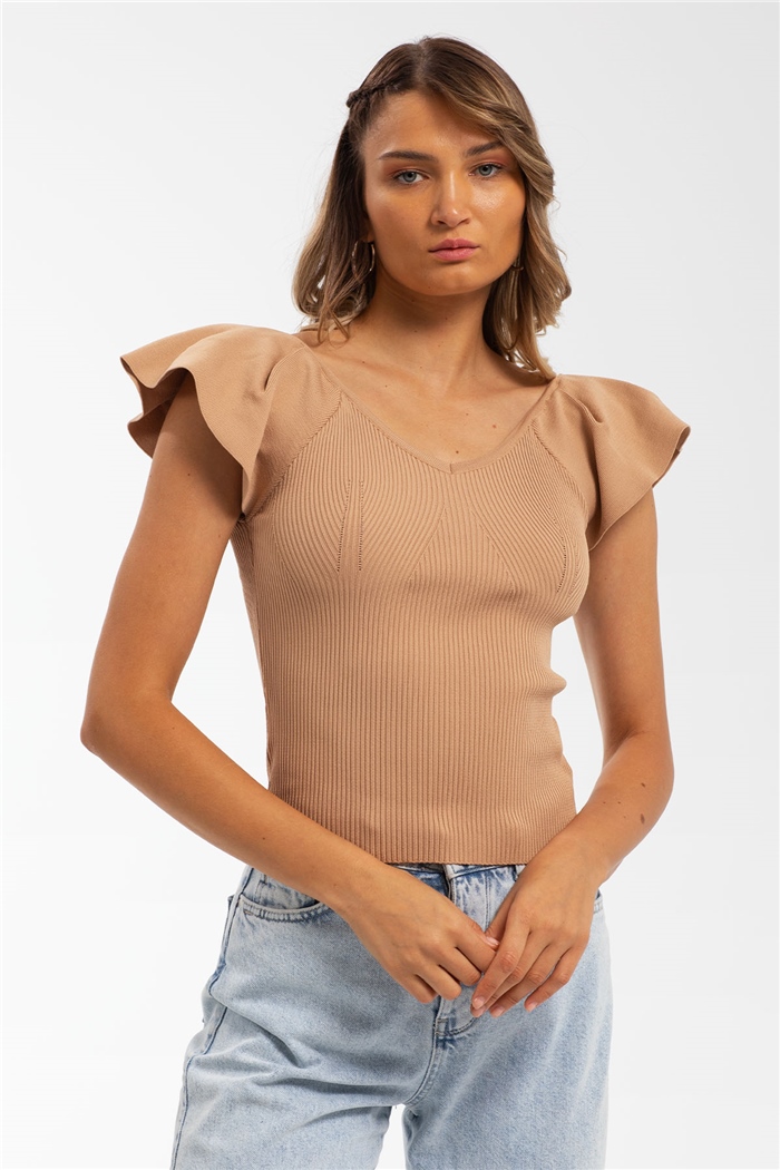 Avrile V Yaka Kolu Fırfırlı Triko Kazak  CAMEL  A91820-S