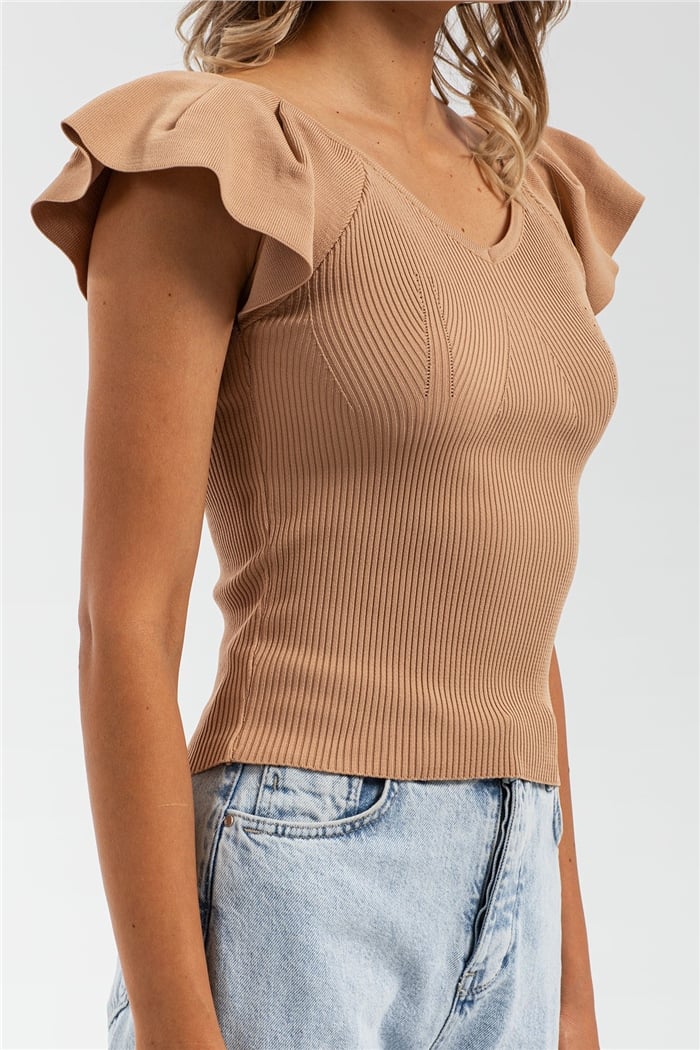 Avrile V Yaka Kolu Fırfırlı Triko Kazak  CAMEL  A91820-S