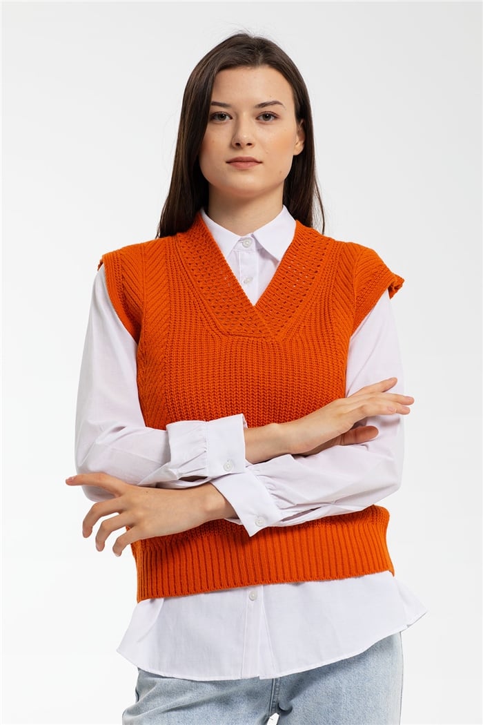 Avrile V Yaka Yırtmaçlı İçi Gömlekli Triko Süveter  ORANJ  A91320-S