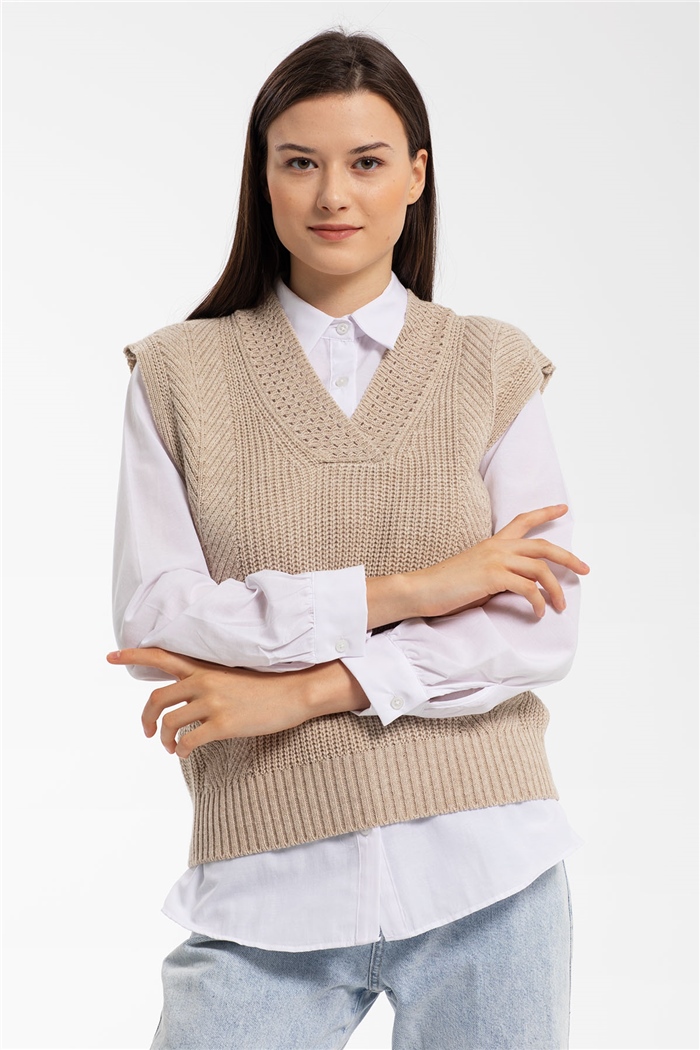 Avrile V Yaka Yırtmaçlı İçi Gömlekli Triko Süveter  TAŞ  A91320-S