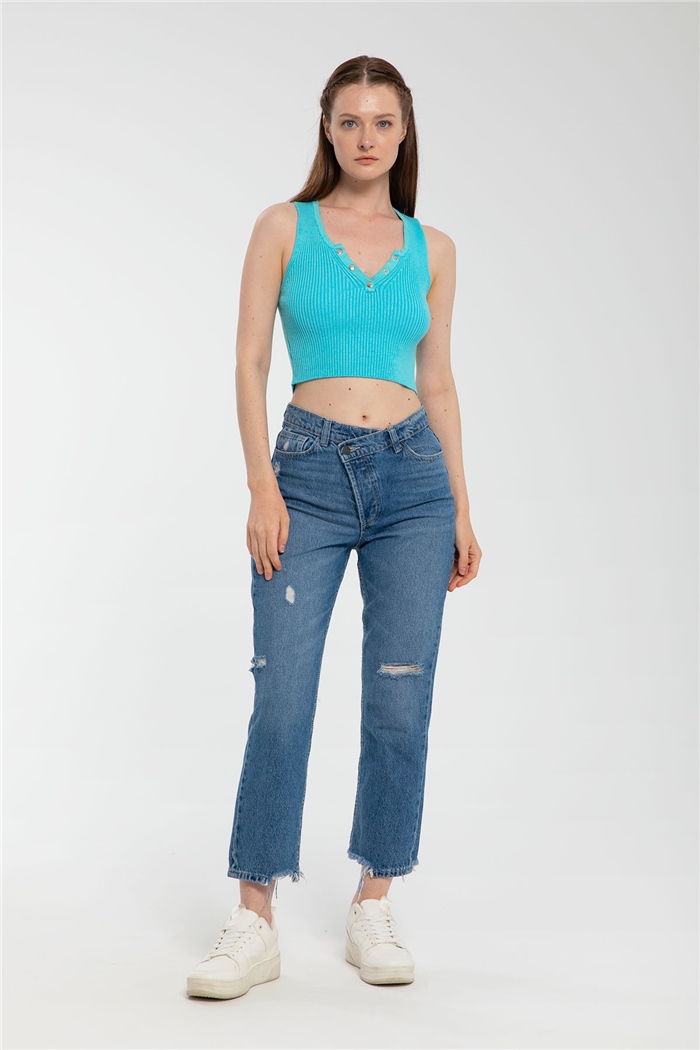 Avrile Yakası Çıtçıtlı Triko Atlet  AQUA  A91752-S