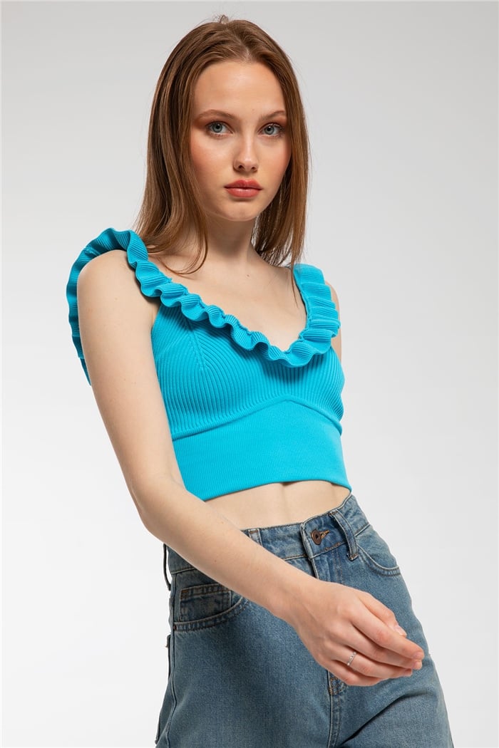 Avrile Yakası Fırfırlı Triko Bluz  AQUA  A91749-S
