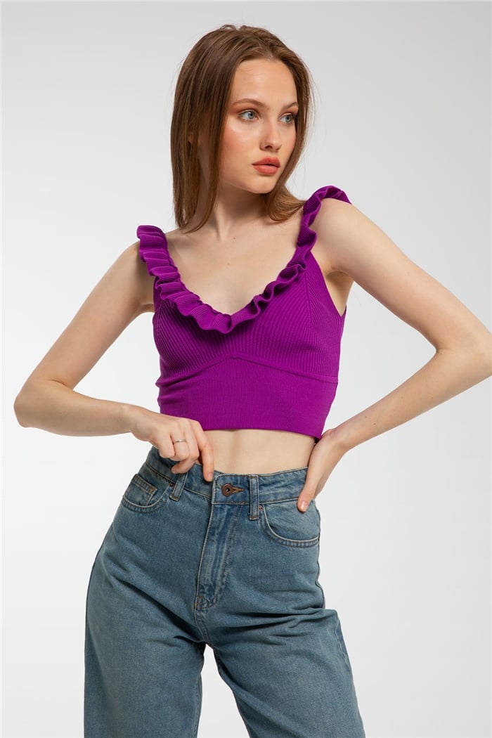 Avrile Yakası Fırfırlı Triko Bluz  MOR  A91749-S