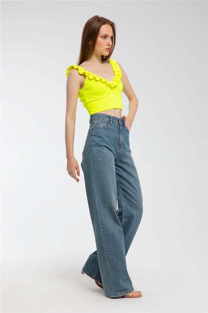 Avrile Yakası Fırfırlı Triko Bluz  NEON SARI  A91749-S