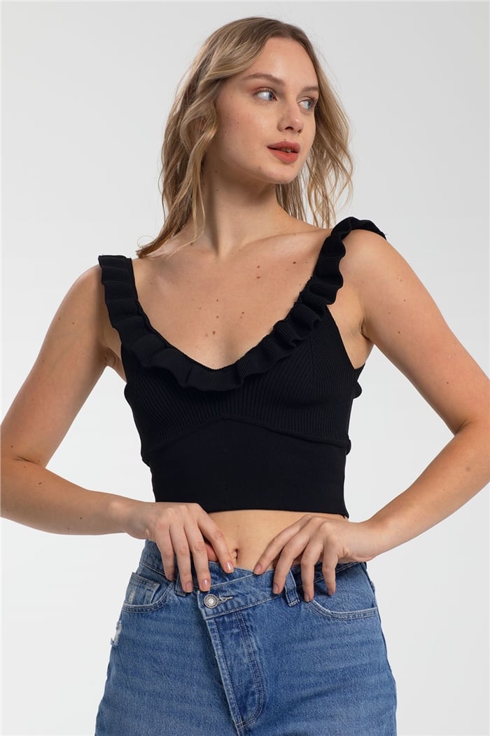 Avrile Yakası Fırfırlı Triko Bluz  SİYAH  A91749-S
