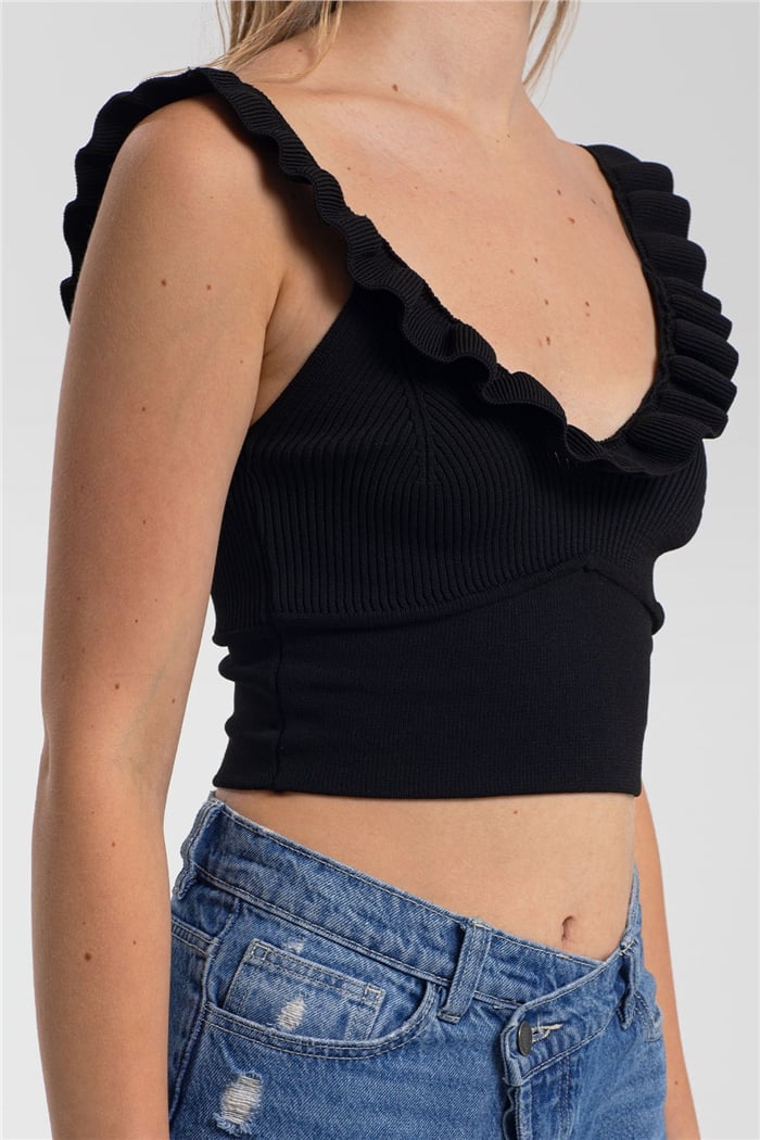 Avrile Yakası Fırfırlı Triko Bluz  SİYAH  A91749-S