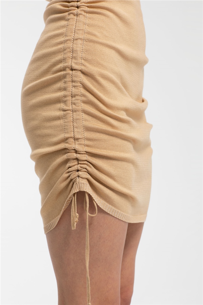 Avrile Yanlardan Büzgülü Triko Elbise  CAMEL  A91743-S