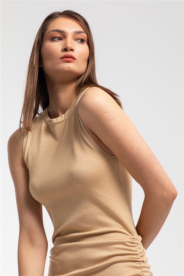 Avrile Yanlardan Büzgülü Triko Elbise  CAMEL  A91743-S