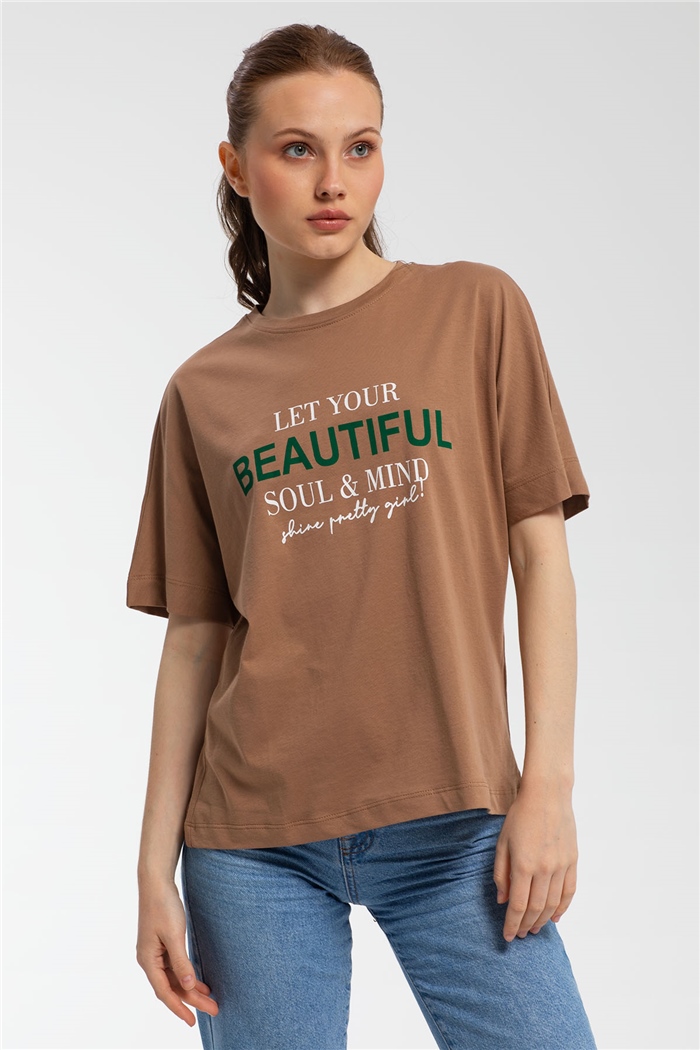 Avrile Yazı Baskılı T-Shirt  KAHVE  A21-10457