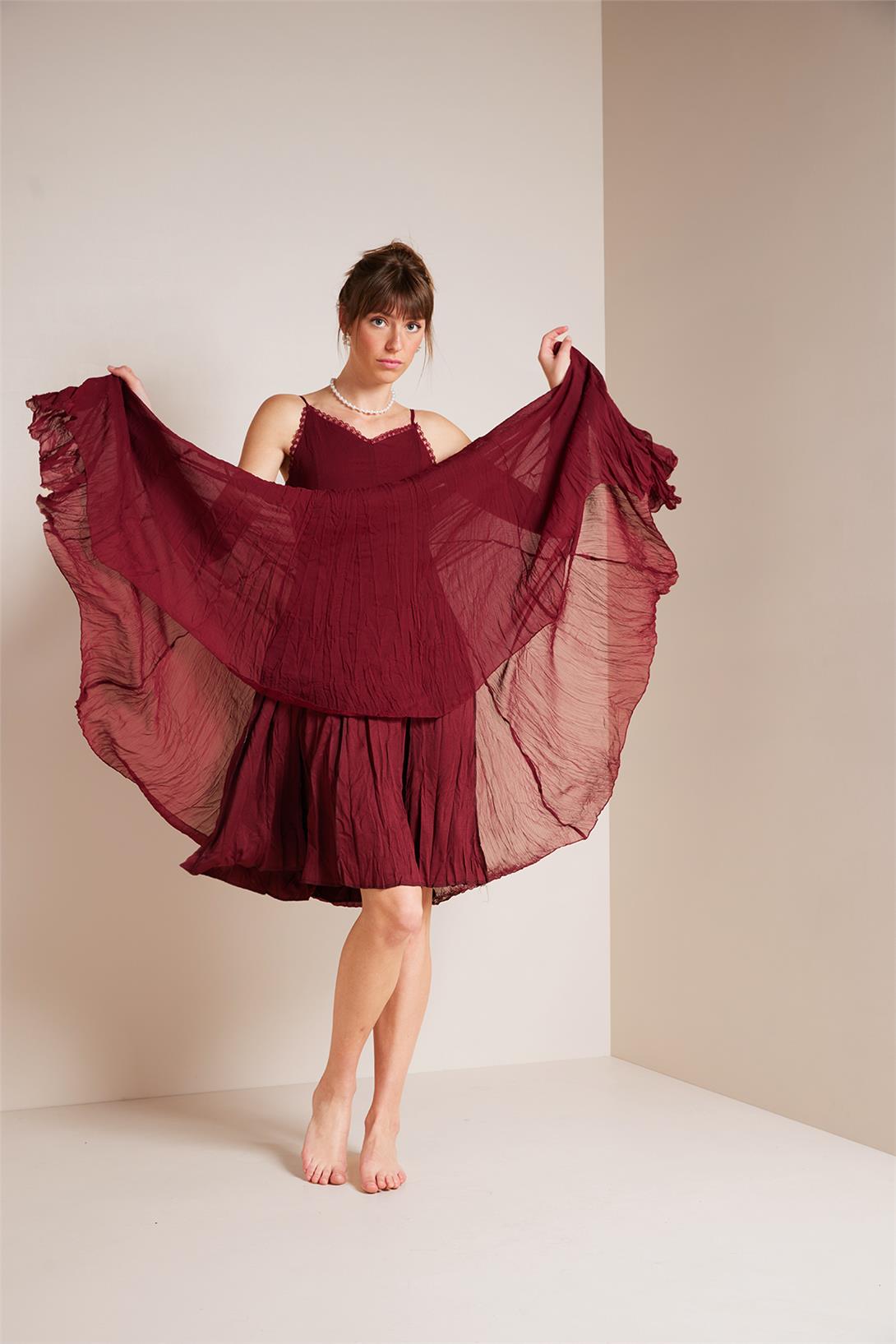 HAPPINESS  DANTEL DETAYLI ASKILI ELBİSE BORDO N25-2073