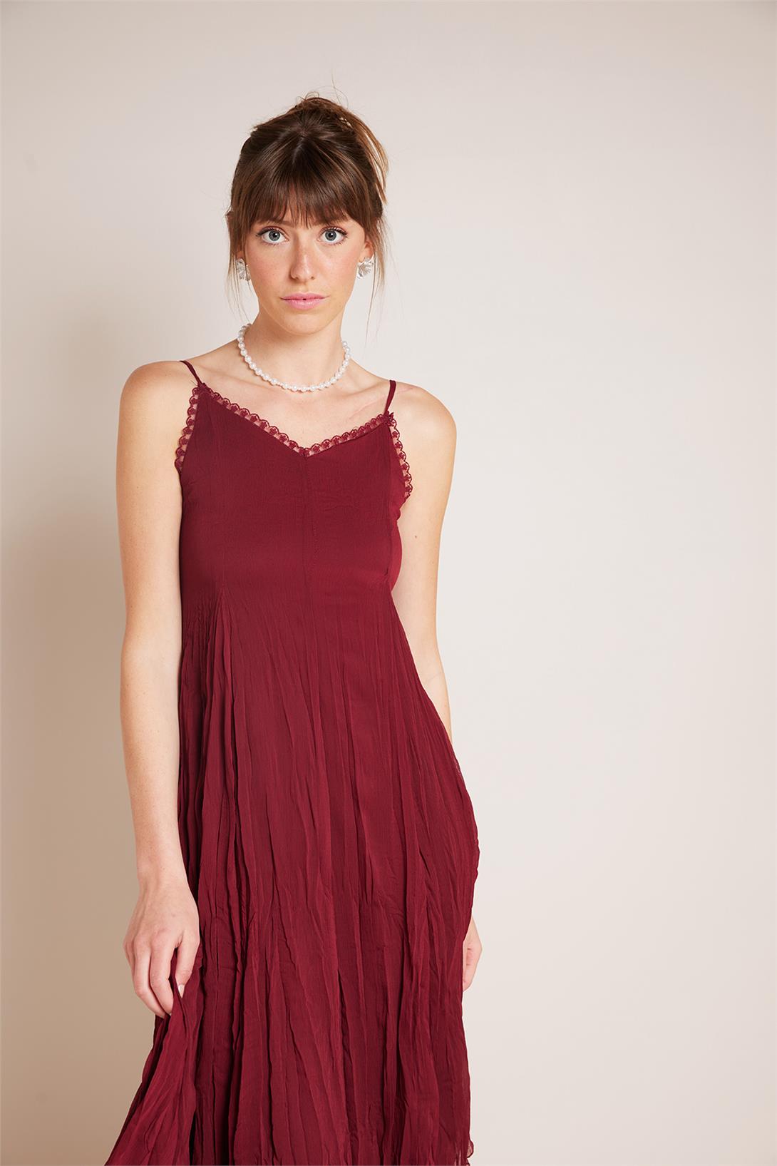 HAPPINESS  DANTEL DETAYLI ASKILI ELBİSE BORDO N25-2073