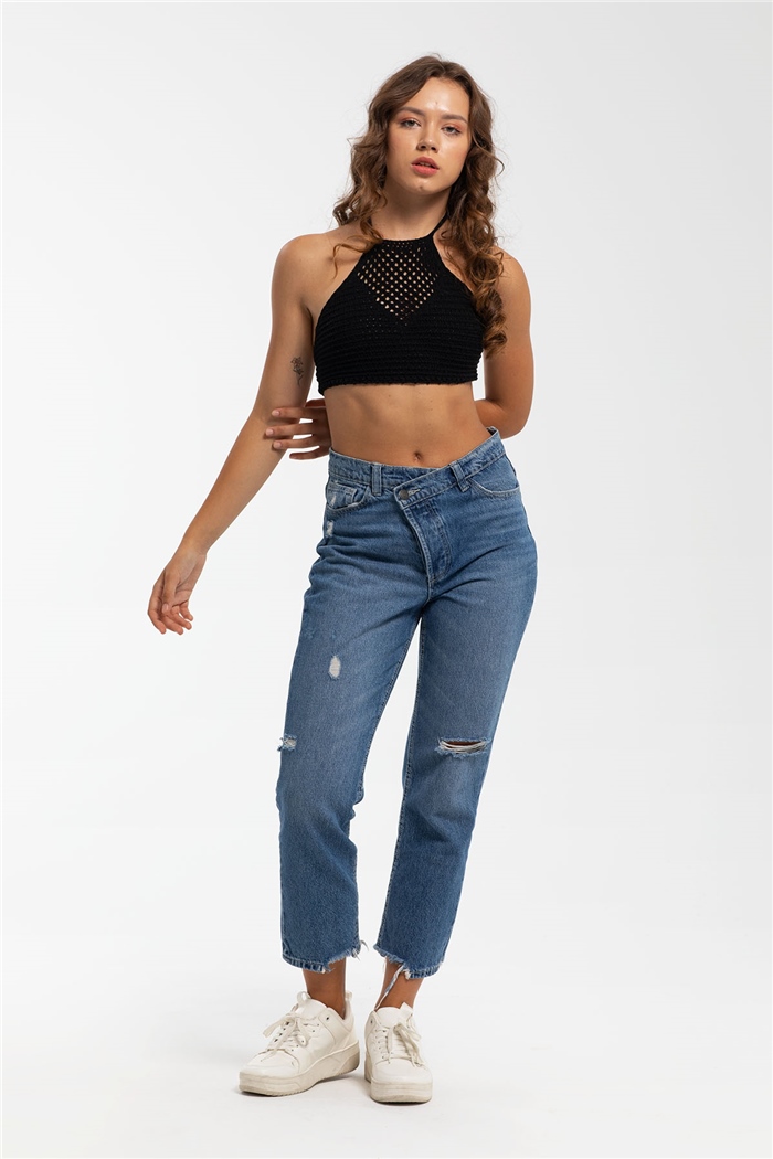 Nisan Ajurlu Triko Crop  SİYAH  TT3220-Z