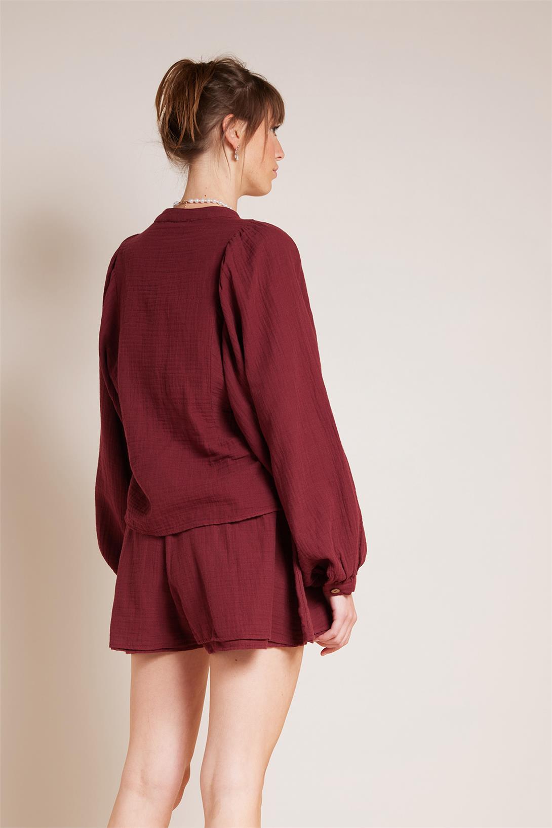 Nisan  DÜĞME DETAYLI GENİŞ KOLLU BLUZ BORDO NB25-1001