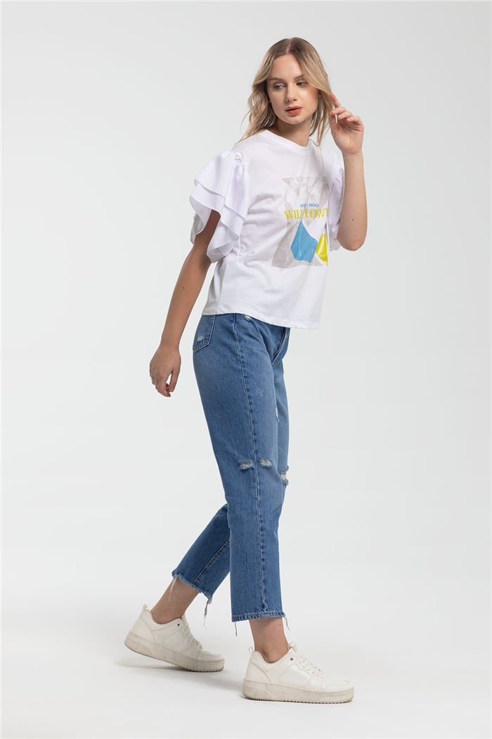 Nisan Fırfırlı T-Shirt  BEYAZ  N21-1045