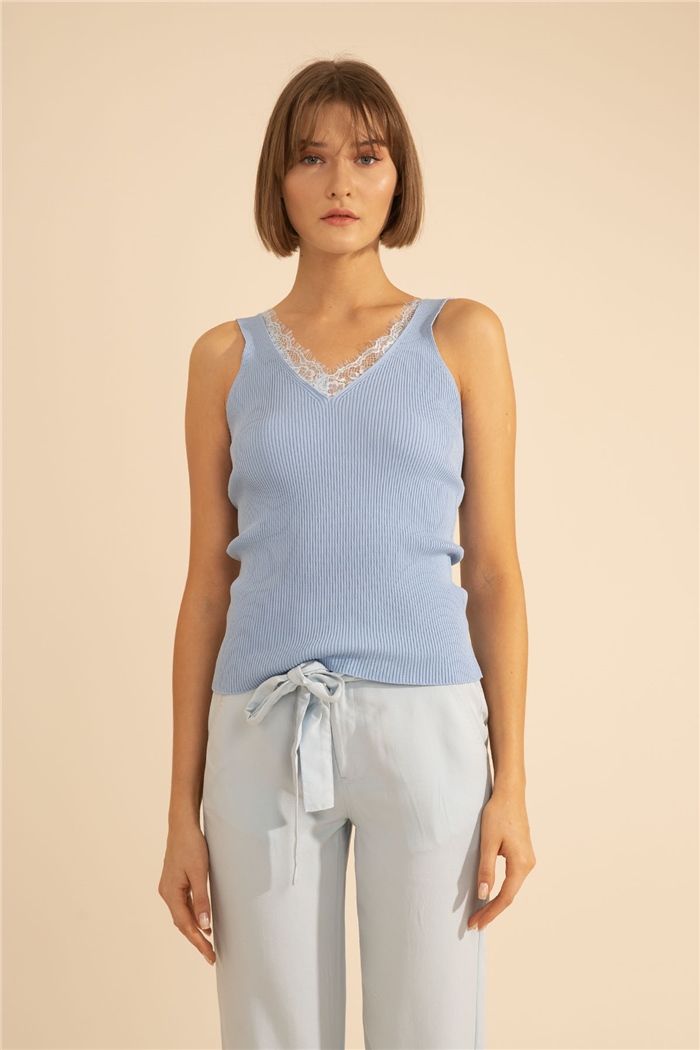 Nisan Fitilli V Yaka Dantelli Triko Bluz  BEBE MAVİ  TT1737