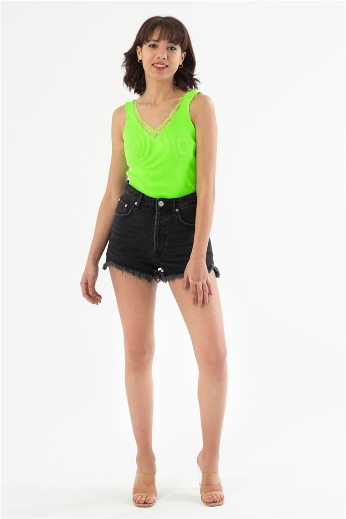 Nisan Fitilli V Yaka Dantelli Triko Bluz  NEON YEŞİLİ  TT1737