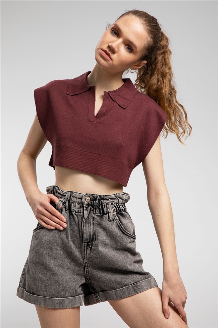 Nisan Gömlek Yaka Crop Triko Süveter  BORDO  TT3109-Z