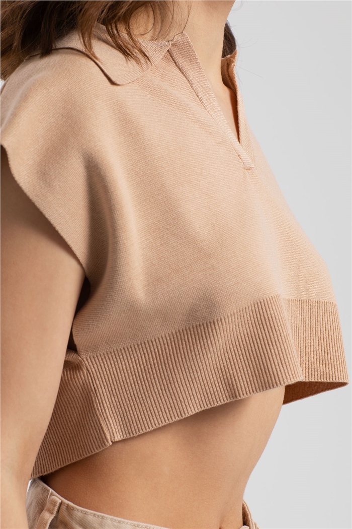Nisan Gömlek Yaka Crop Triko Süveter  CAMEL  TT3109-Z