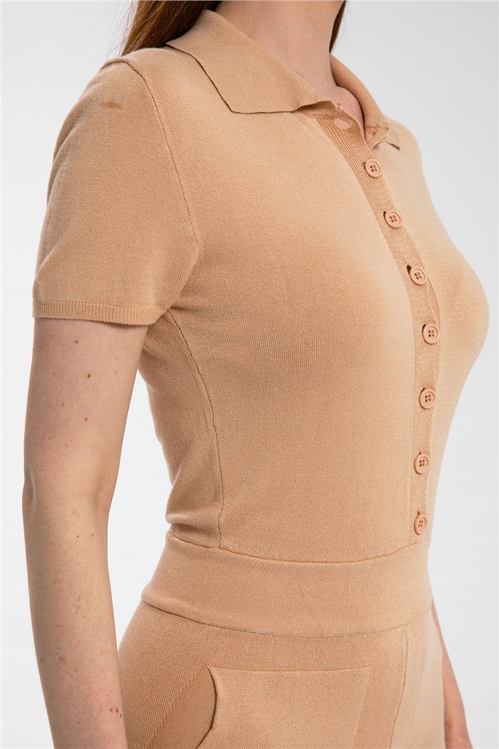 Nisan Gömlek Yaka Mini Triko Tulum  CAMEL  TT3115-Z