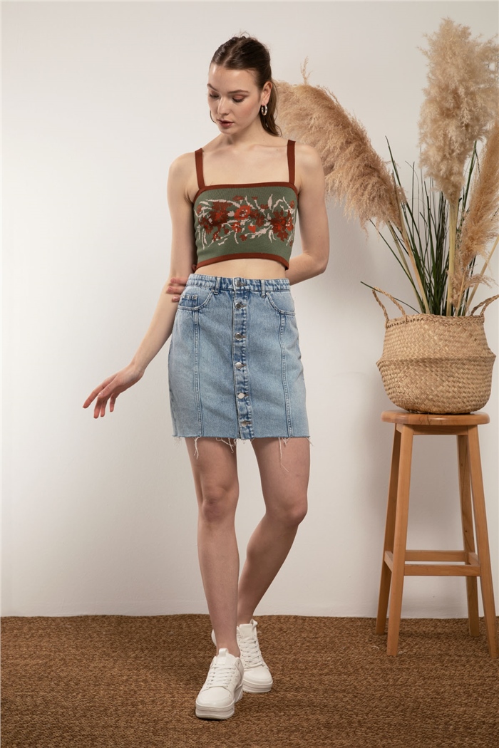 Nisan Jakar Çiçek Desenli Triko Crop  HAKİ  TT2998-Z