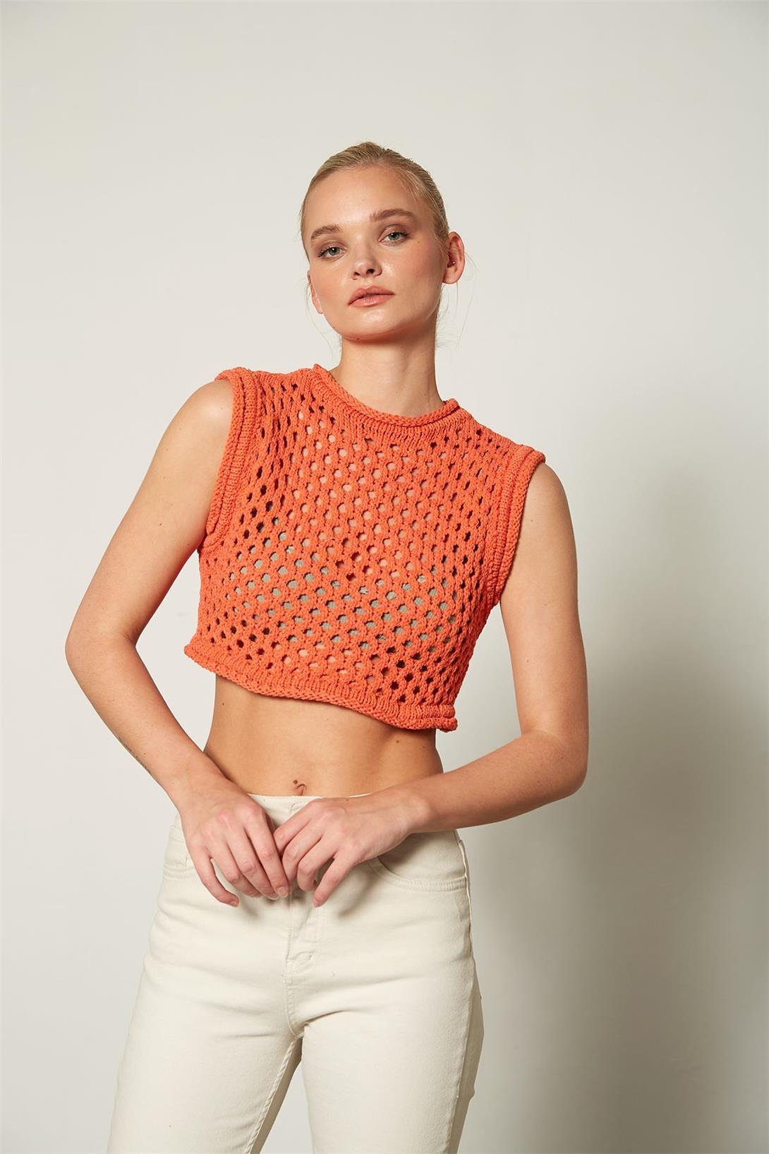 Nisan Kadın Ajurlu Crop Triko Süveter ORANJ TT3131-Z