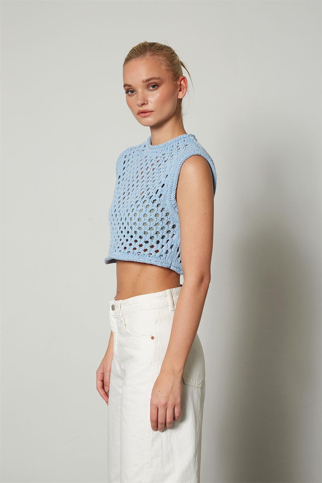 Nisan Kadın Ajurlu Crop Triko Süveter BEBE MAVİ TT3131-Z