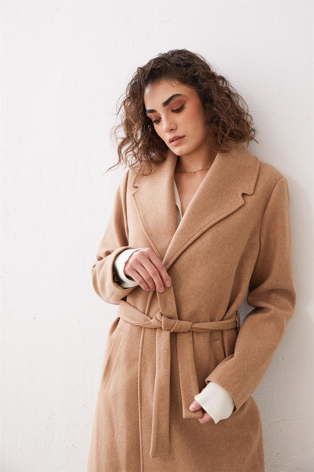 Nisan Kadın Beli Kuşaklı Uzun Kaban CAMEL PD24-1054