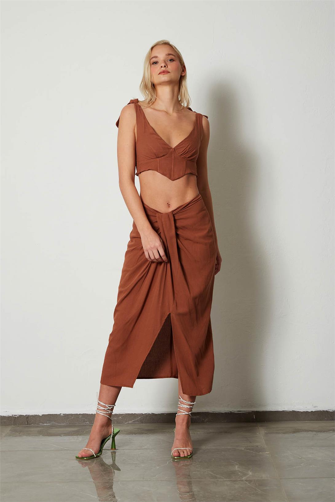 Nisan Kadın Drape Detaylı Keten Etek KAHVE N23-1633
