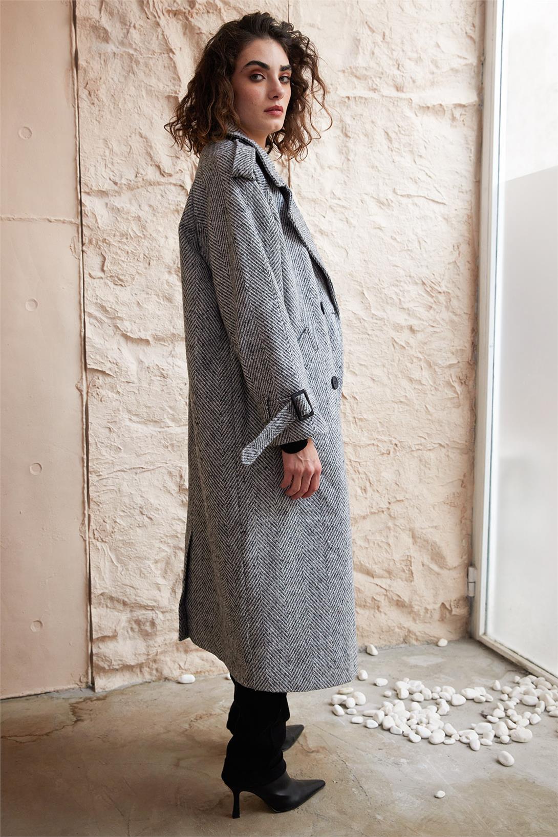 Nisan Kadın Düğmeli Oversize Kaşe Kaban SİYAH N24-1744
