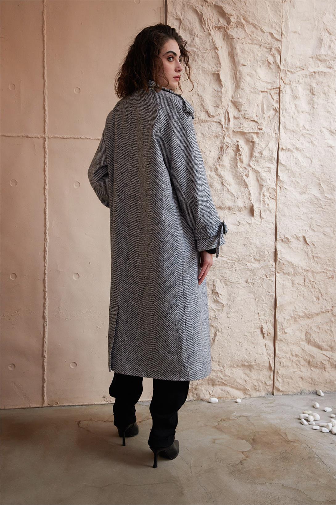 Nisan Kadın Düğmeli Oversize Kaşe Kaban SİYAH N24-1744
