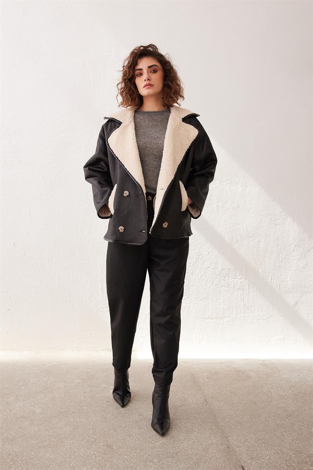 Nisan Kadın Suni Kürklü Oversize Deri Ceket SİYAH N24-1756