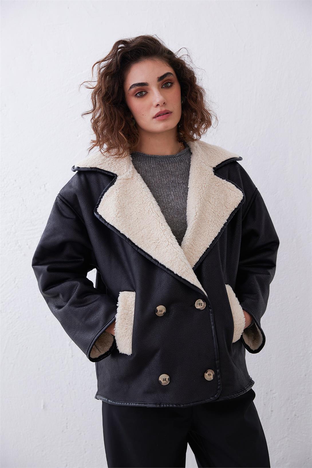 Nisan Kadın Suni Kürklü Oversize Deri Ceket SİYAH N24-1756