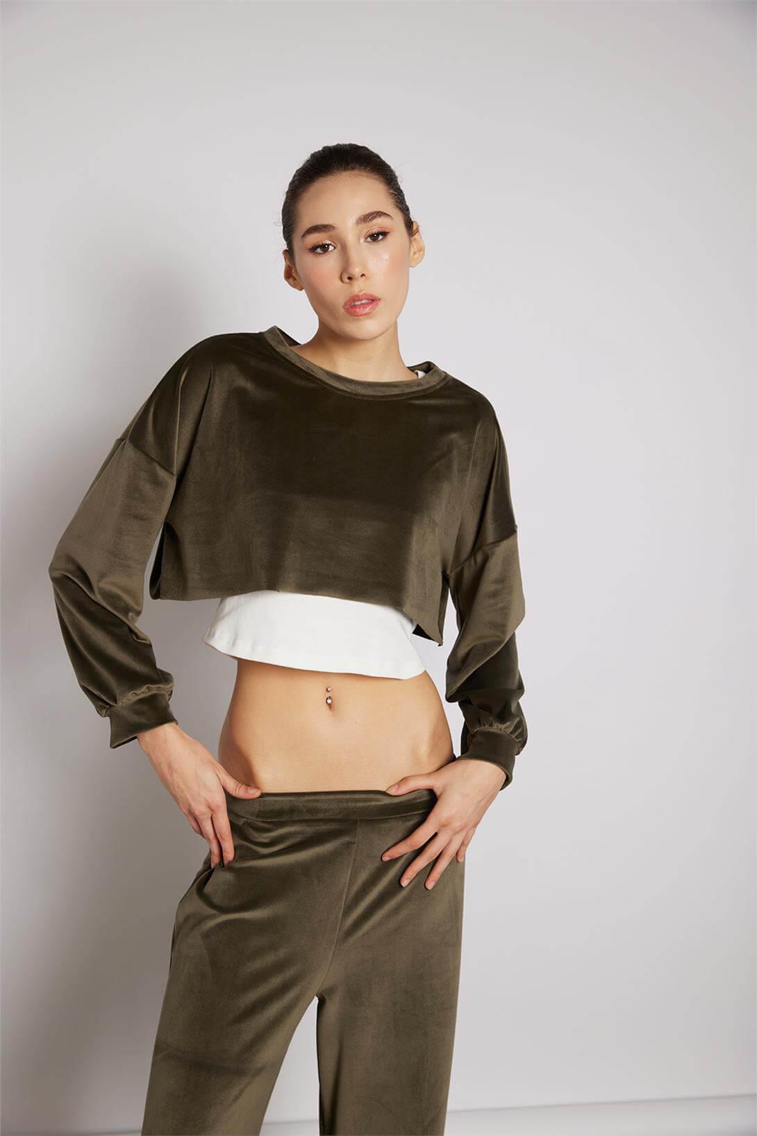 Nisan Kadın UZUN KOLLU KADİFE SWEATSHIRT HAKİ N25-1996