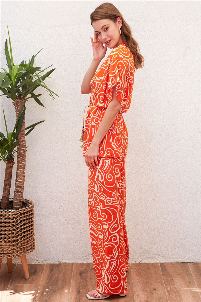 Nisan Keten Hasır Kemerli Kimono  ORANJ  N22-1468