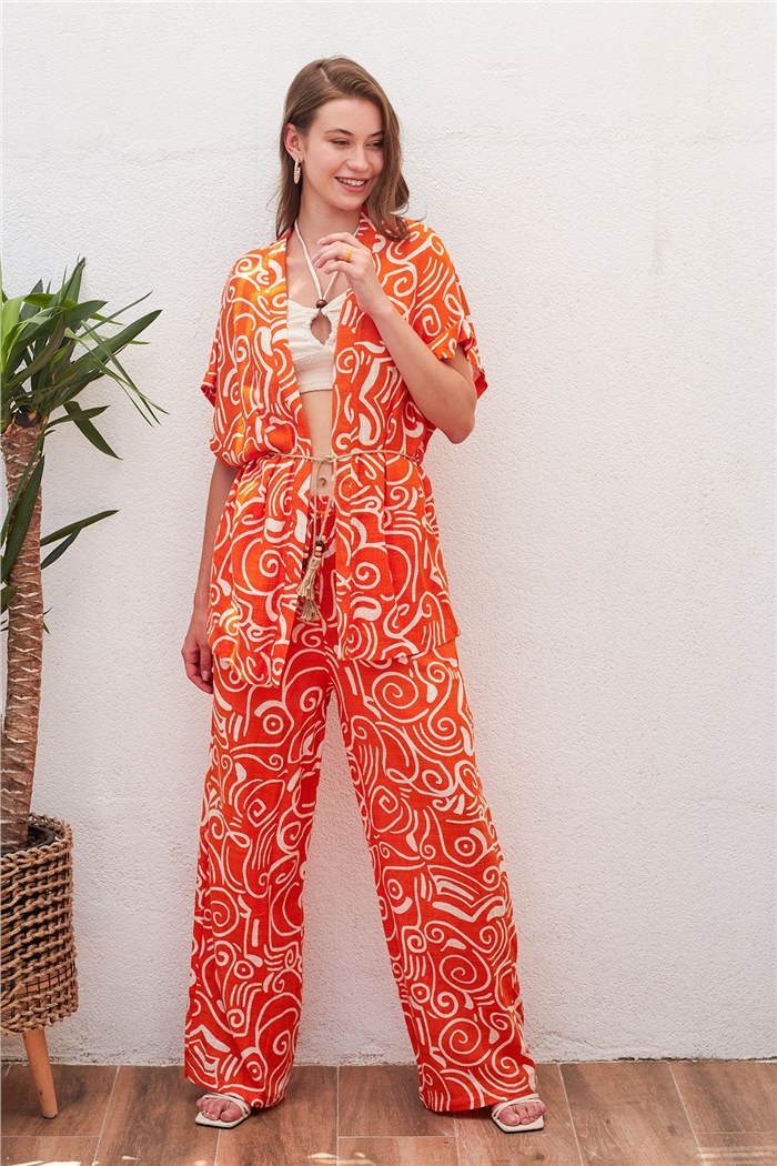 Nisan Keten Hasır Kemerli Kimono  ORANJ  N22-1468