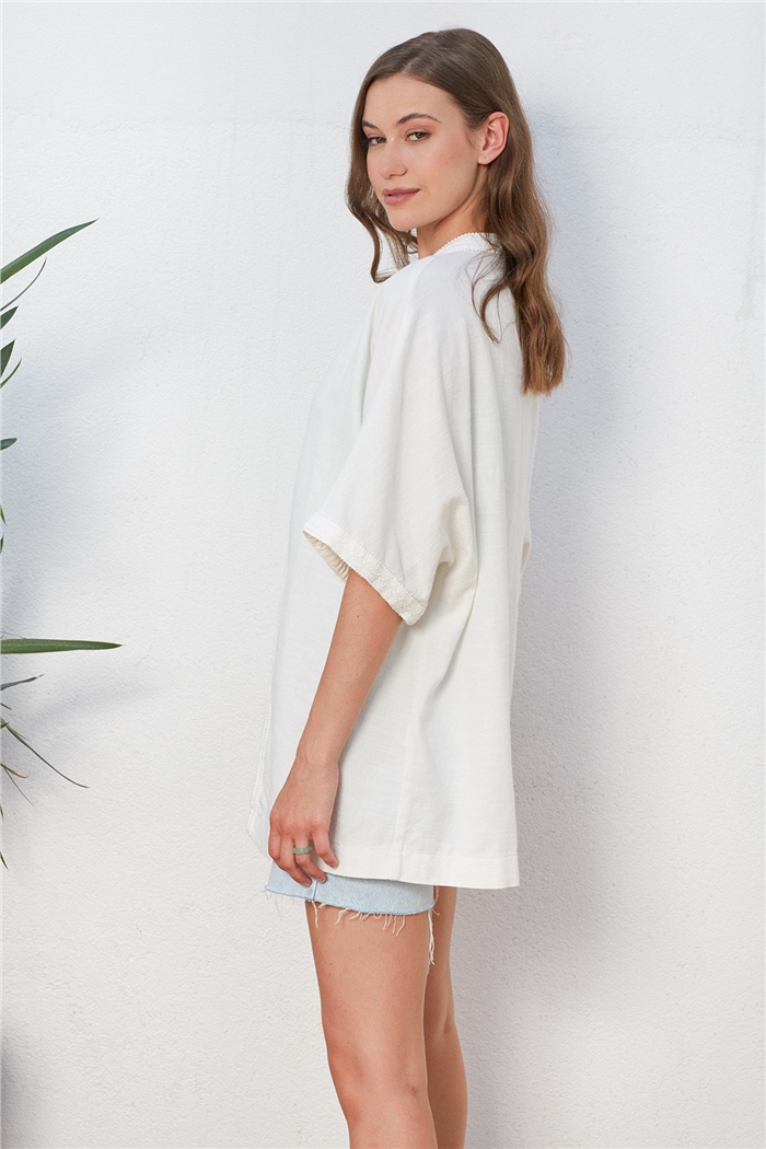 Nisan Keten Şerit Detaylı Kimono  EKRU  N22-1459