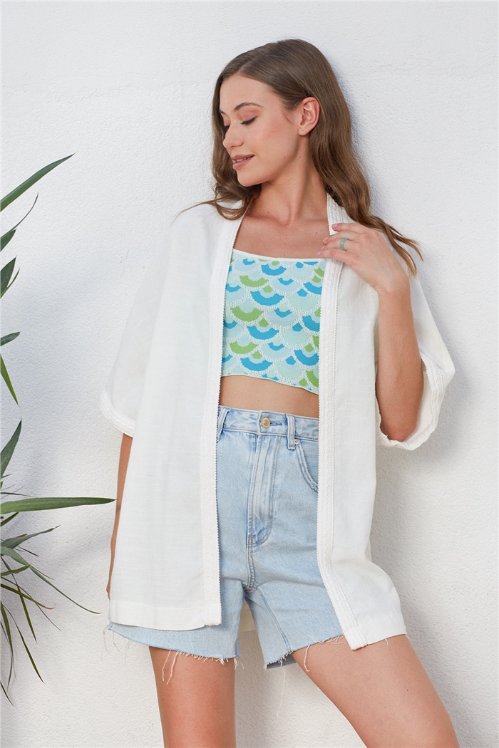 Nisan Keten Şerit Detaylı Kimono  EKRU  N22-1459