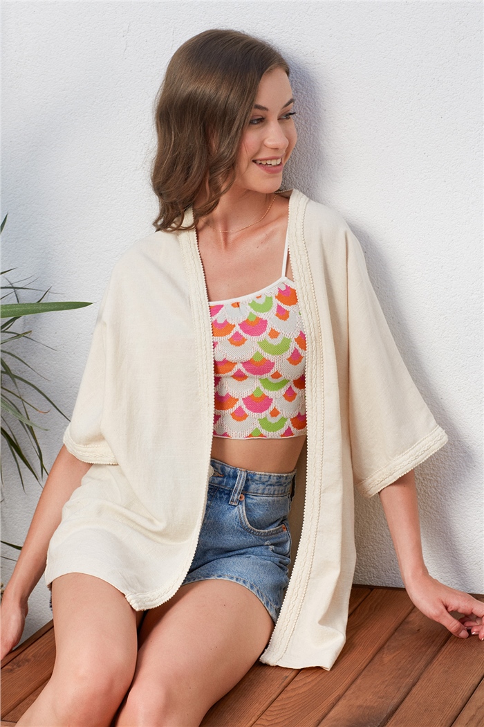 Nisan Keten Şerit Detaylı Kimono  HAM  N22-1459