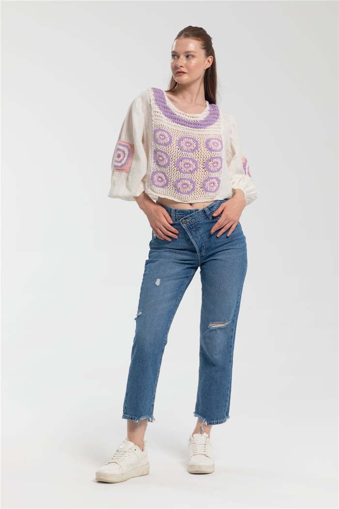 Nisan Kroşe Detaylı Bluz  HAM EKRU  N21-1149