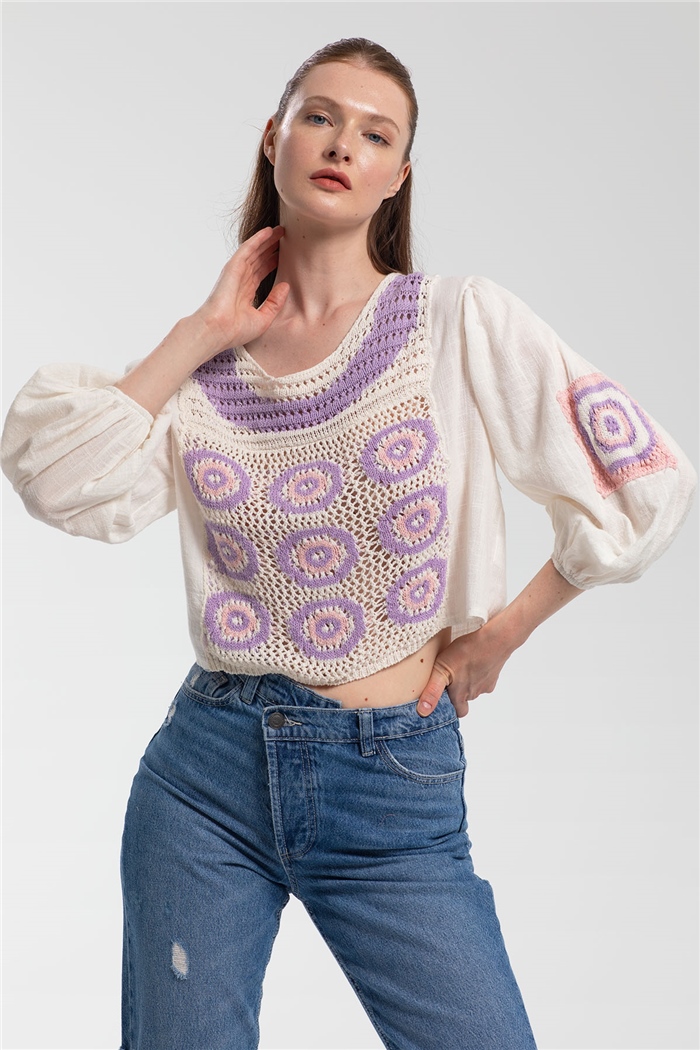 Nisan Kroşe Detaylı Bluz  HAM EKRU  N21-1149